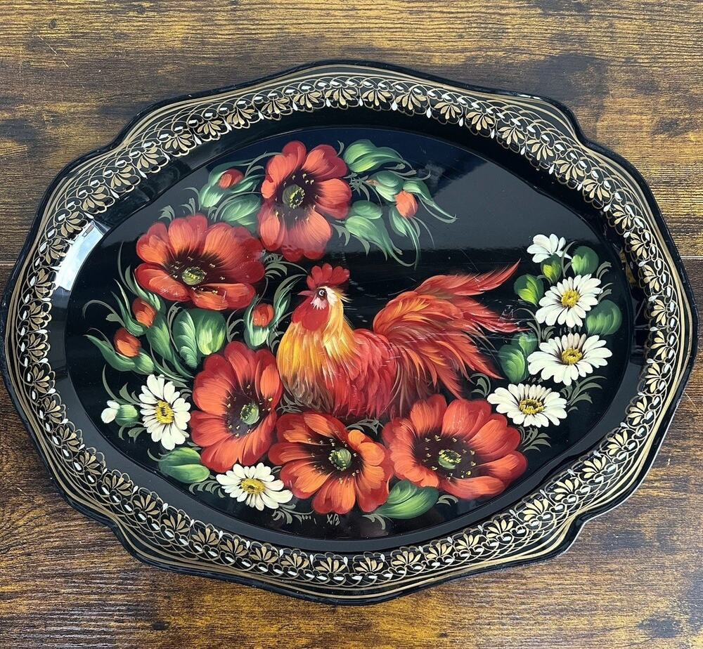 Authentic Alkota Russian "Zhostovo" Tin Tray "Rooster's Joy" Black Floral 18x14